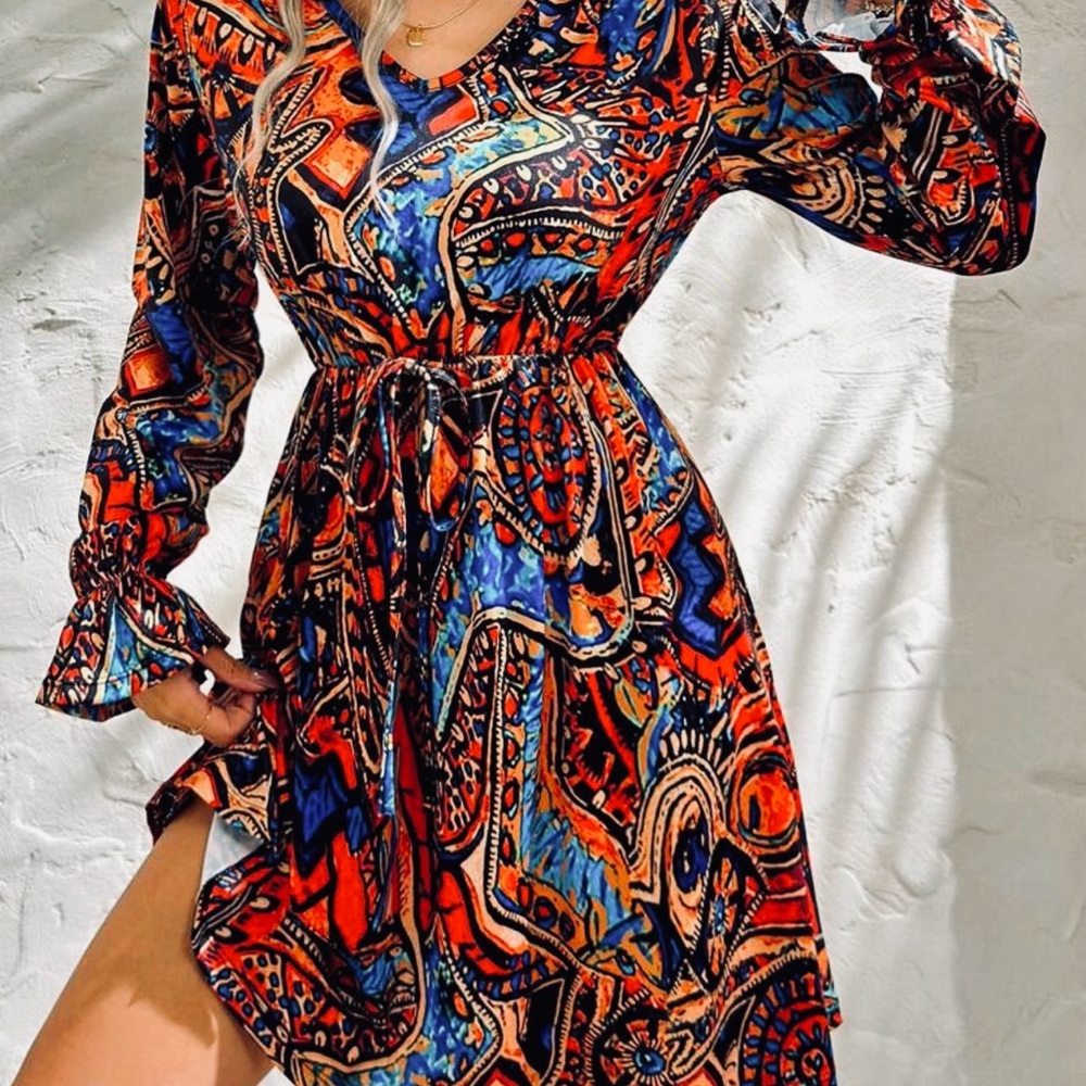 SHEIN Orange and Blue Wrap Midi Dress with Bishop Sleeves